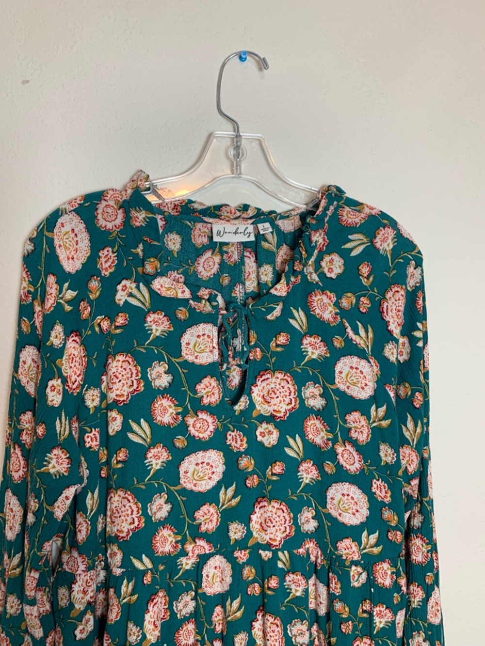 Wonderly Teal Floral Long-Sleeve Ruffle Peasant Blouse Large Rayon  Lightweight - Picture 5 of 8
